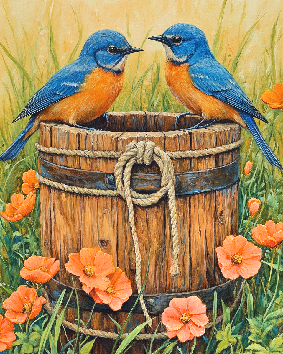 Wooden Bucket Bluebirds Diamond Art Kit