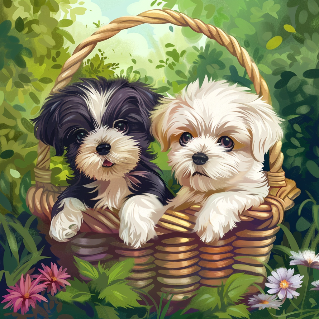 Two Puppies In A Weaved Basket Diamond Art Kit
