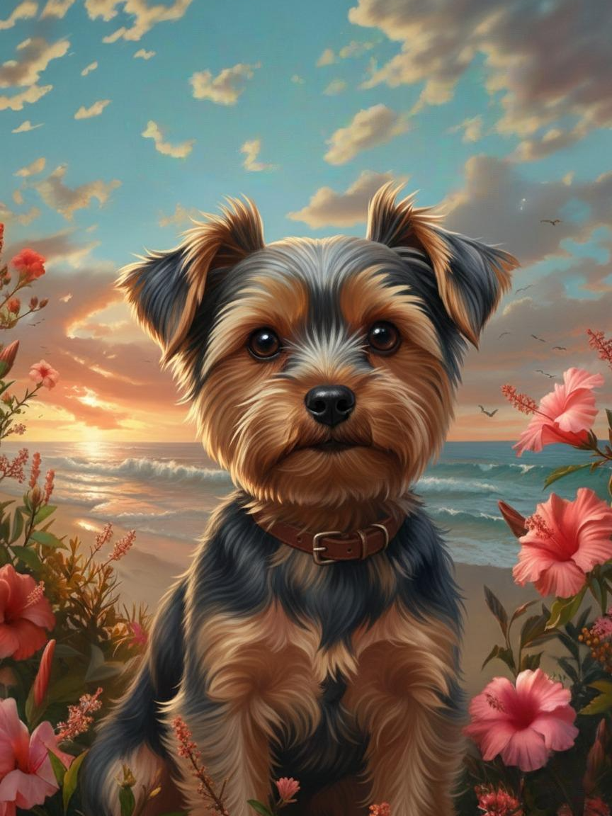 Tropical Sunset Yorkshire Terrier Diamond Art Kit