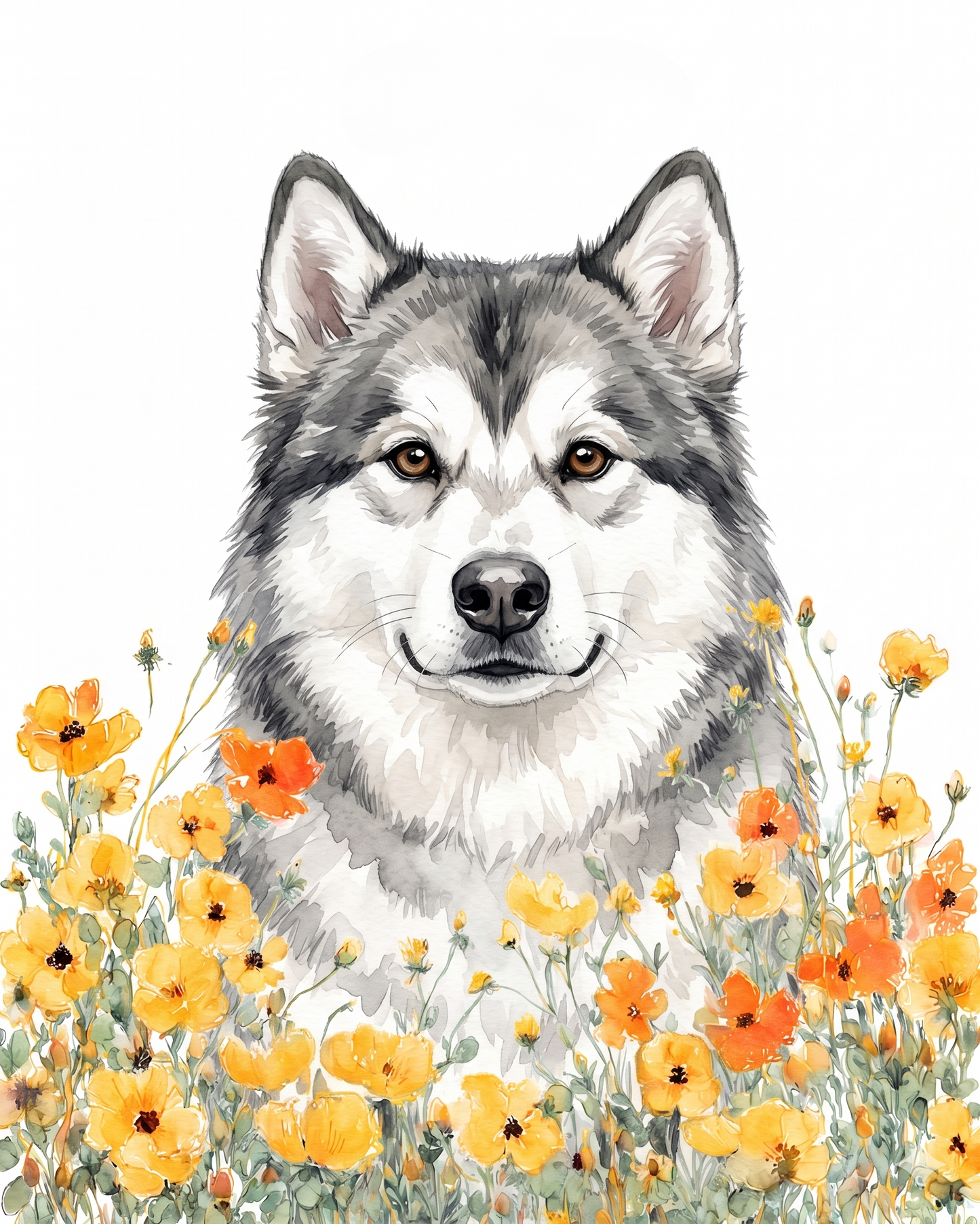Yellow Poppies Alaskan Malamute Diamond Art Kit