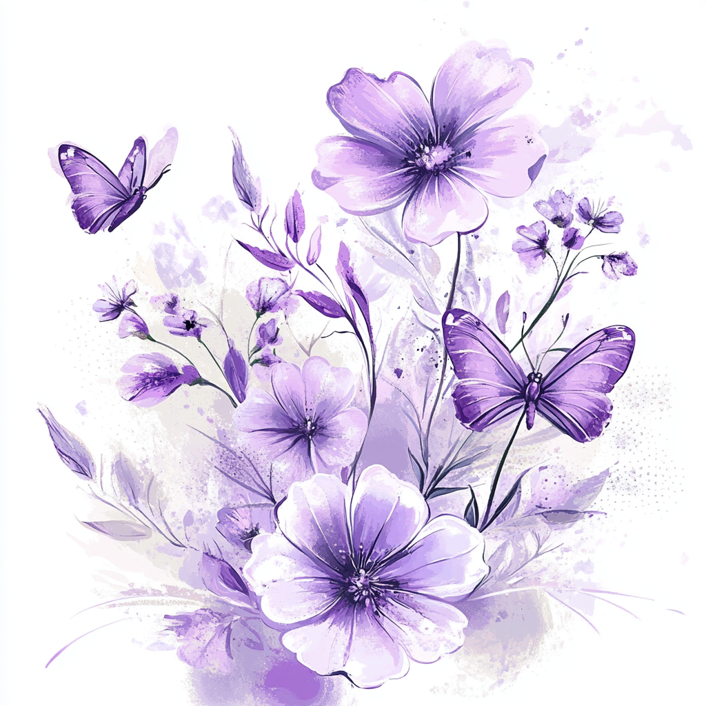 Purple Watercolor Flowers Butterflies Diamond Art Kit