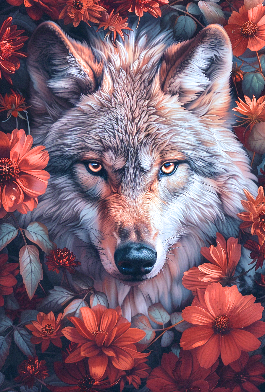 Red Flower Wolf Diamond Art Kit