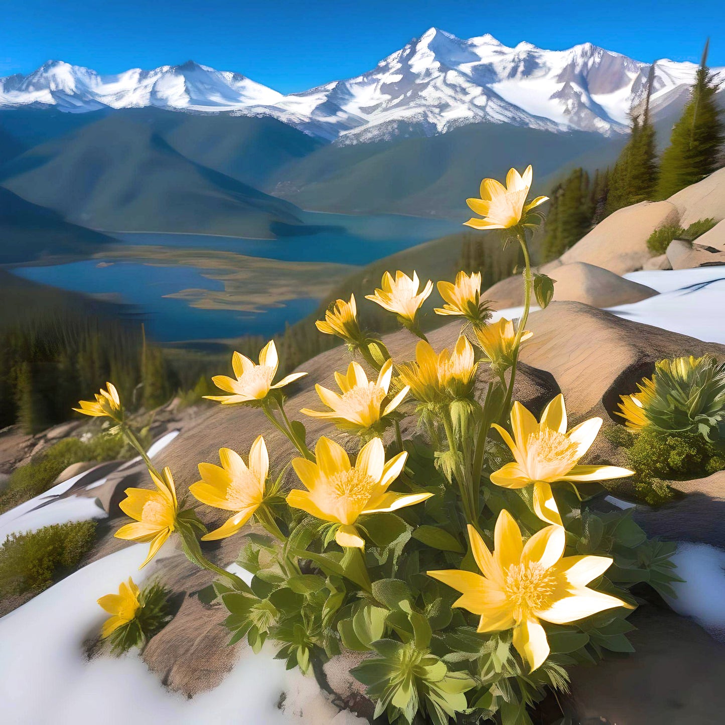 Yellow Flowers And Mountain Lake Diamond Art Kit