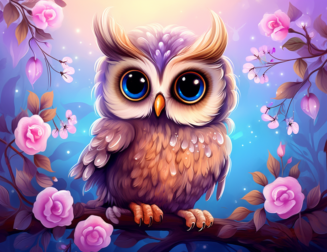 Blueeye Owl In Pink Flowers Diamond Art Kit
