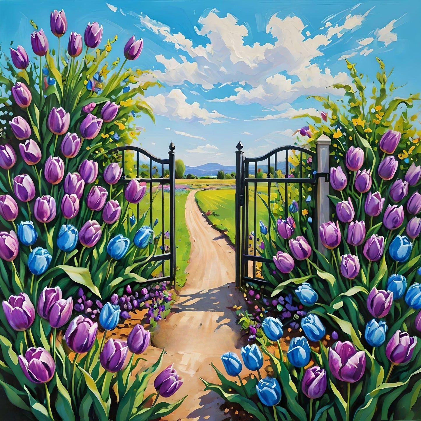 Blue Purple Tulips Gate Diamond Art Kit