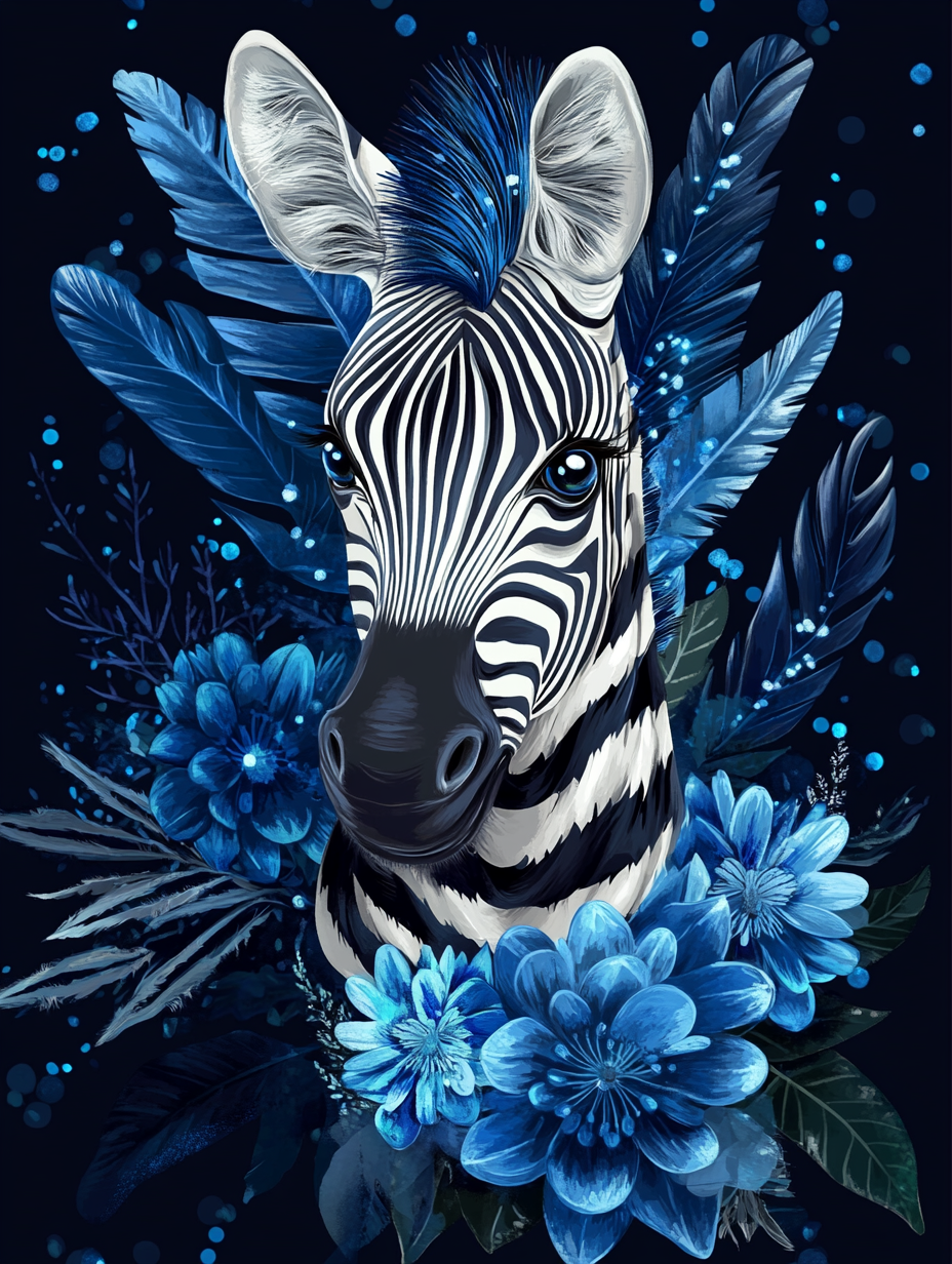 Blue Mane Zebra Flowers Diamond Art Kit