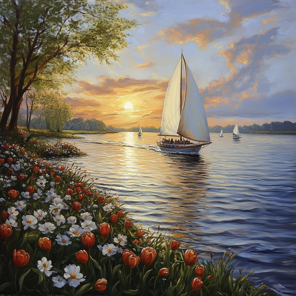 White Orange Flower Sailboat Diamond Art Kit