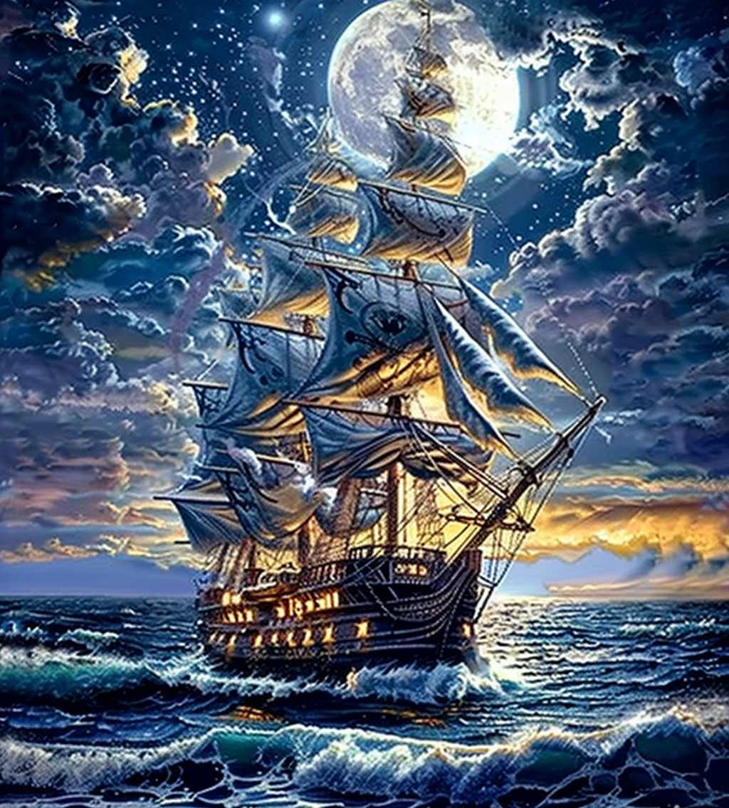 Sunset Moon Sailing Ship Diamond Art Kit