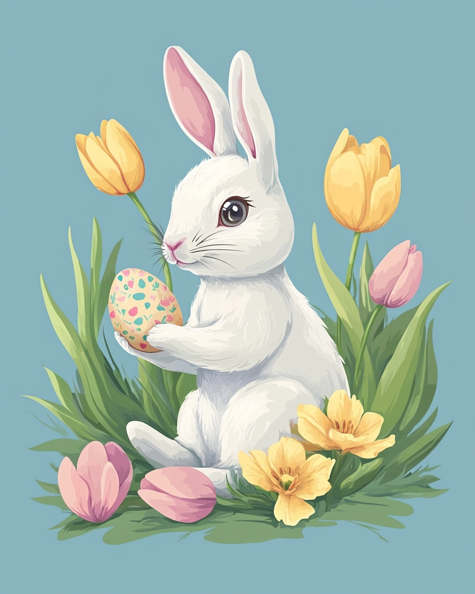 White Bunny Pastel Tulips Diamond Art Kit