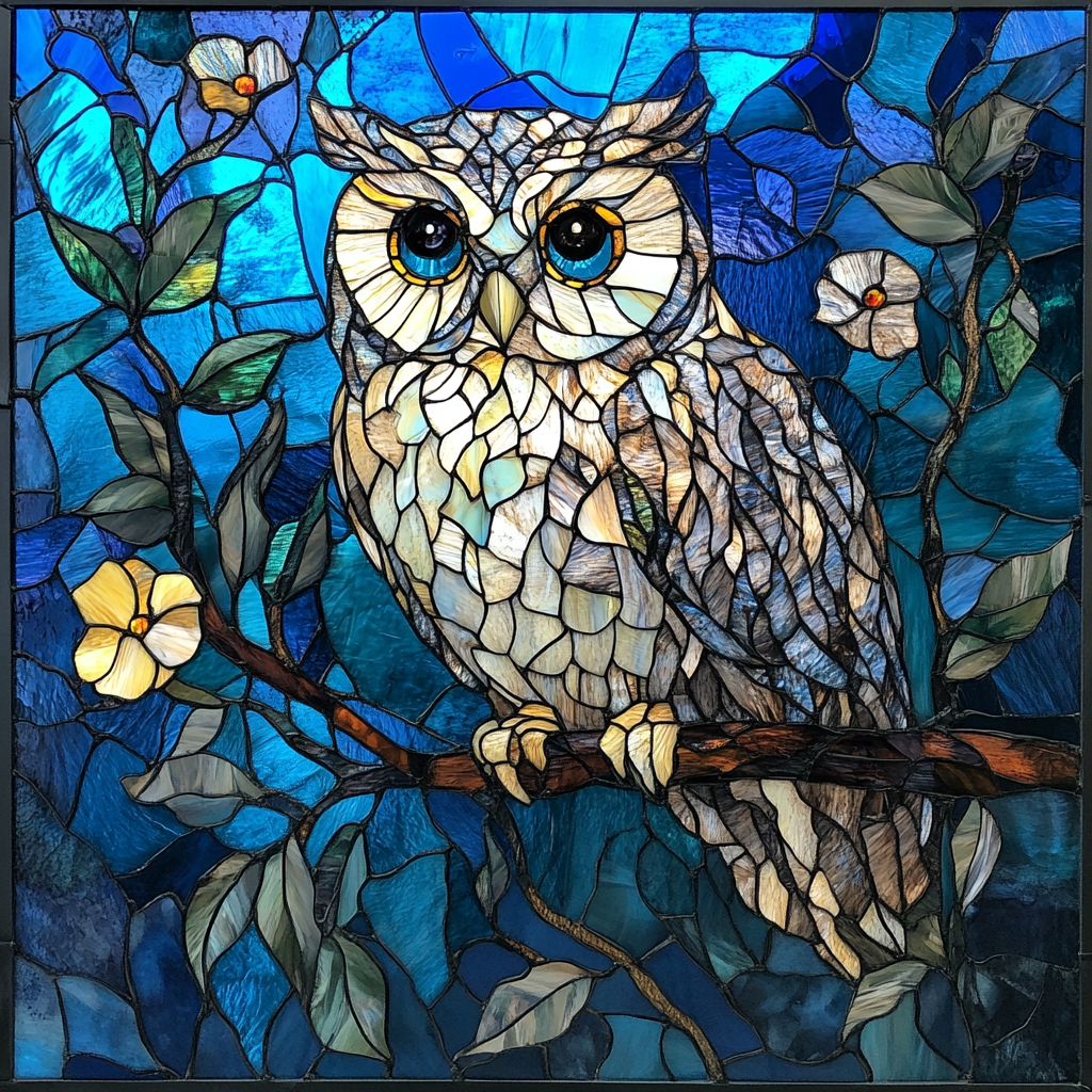 Blue Gray Abstract Owl Flowers Diamond Art Kit