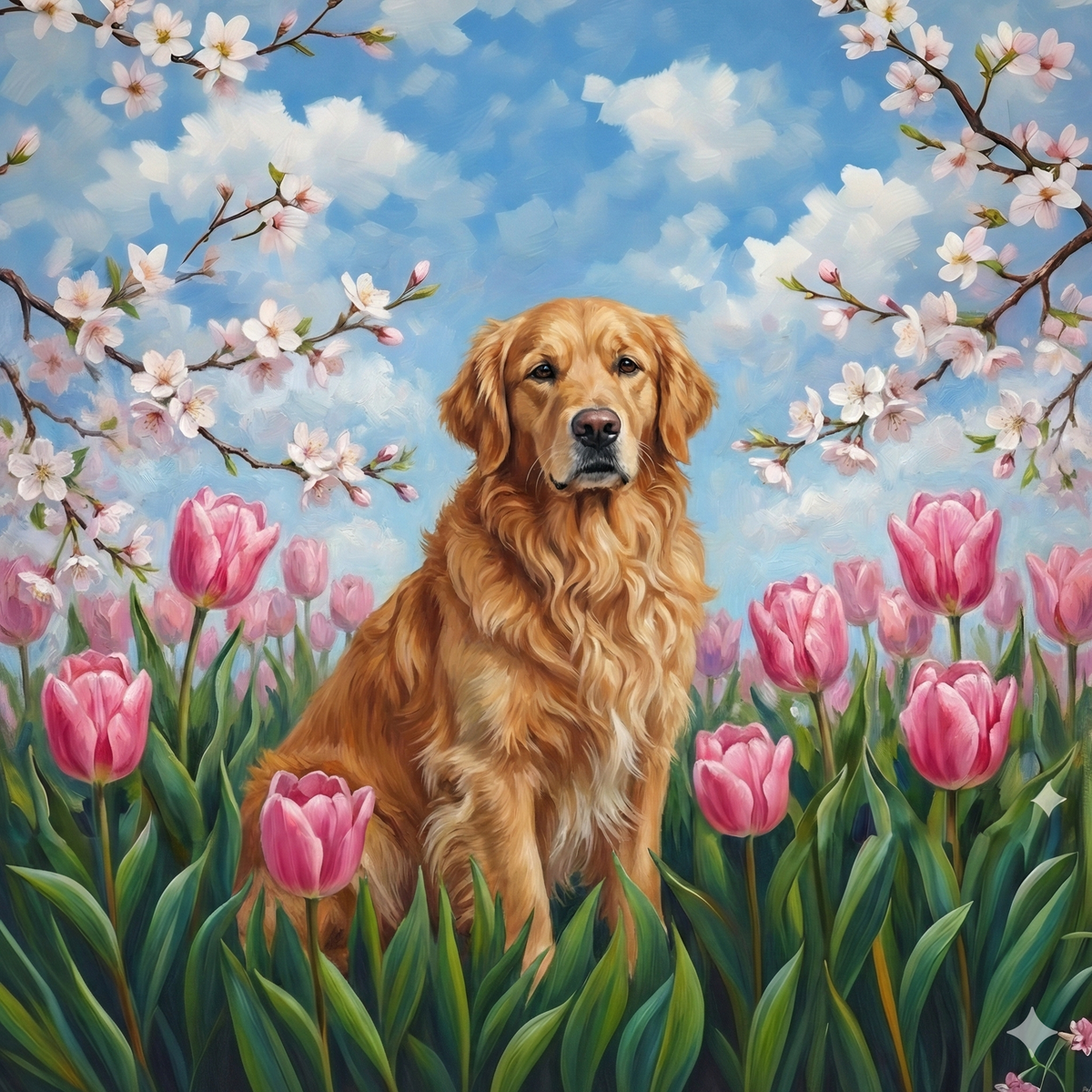 Pink Tulips Golden Retriever Diamond Art Kit