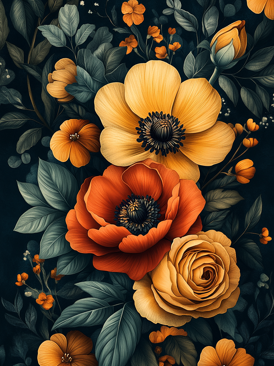 Dark Green Leaves Orange Yellow Flowers Diamond Art Kit