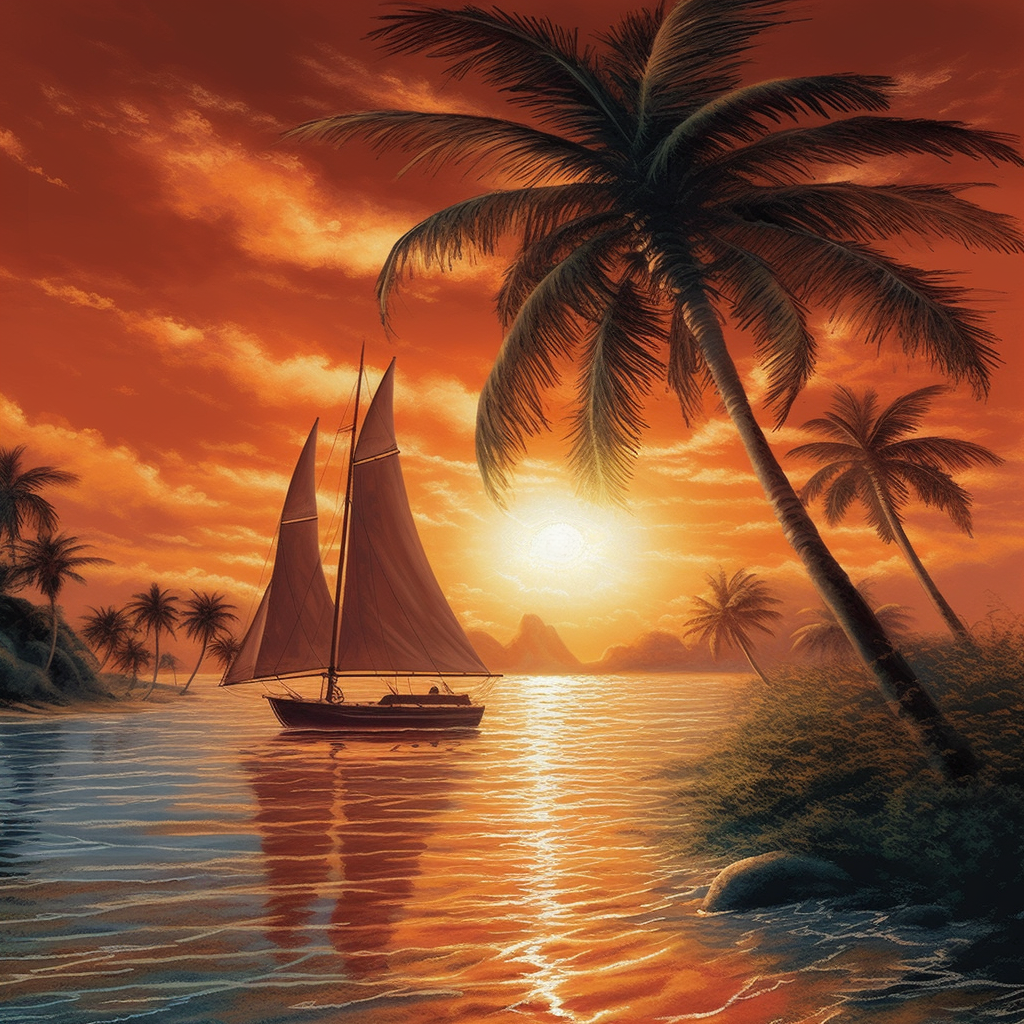 Sailboat Palms Tree Sunset Diamond Art Kit