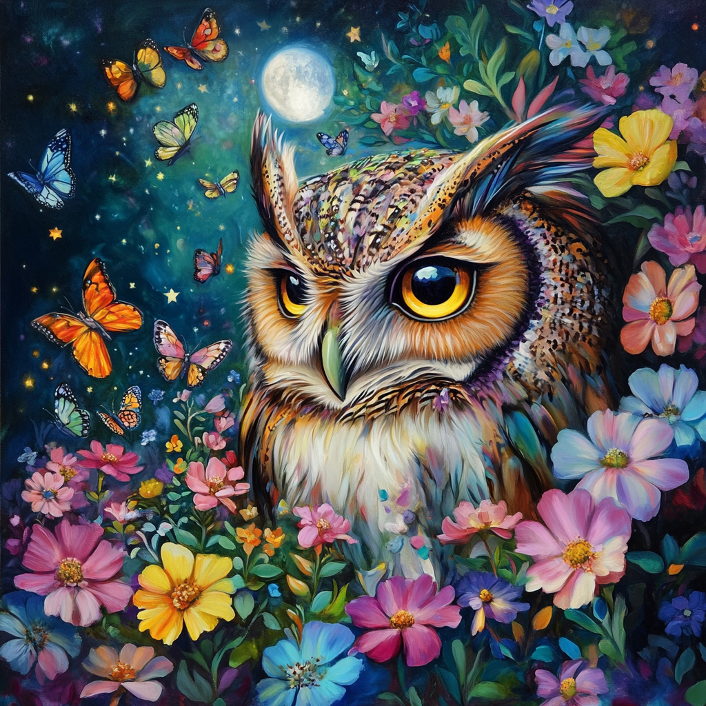 Full Moon Night Flower Owl Diamond Art Kit