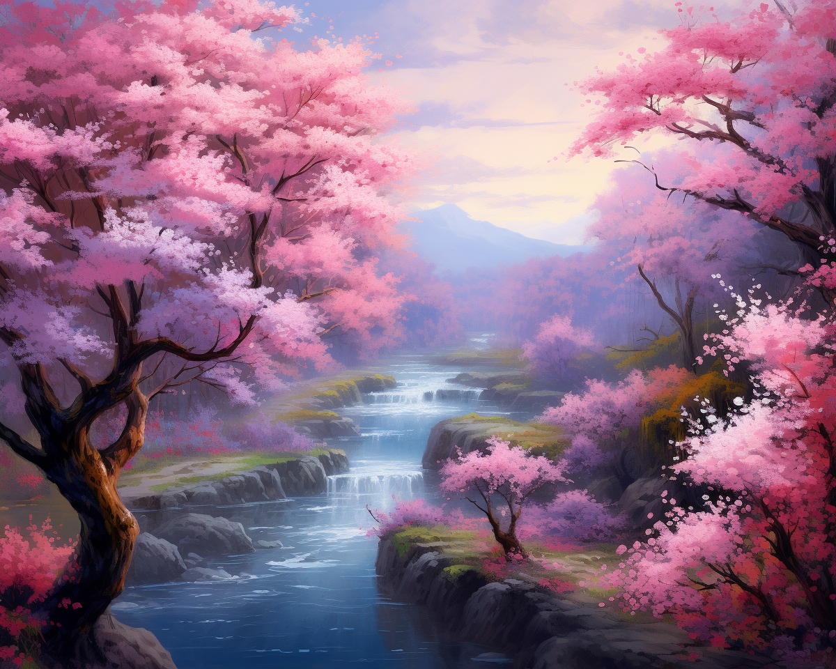 Mountain River Cherry Blossom Trees Diamond Art Kit