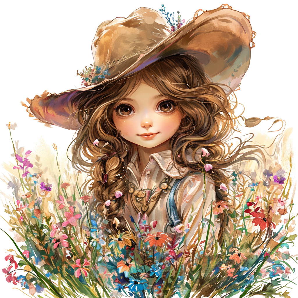 Brown Hat Girl Flowers Diamond Art Kit