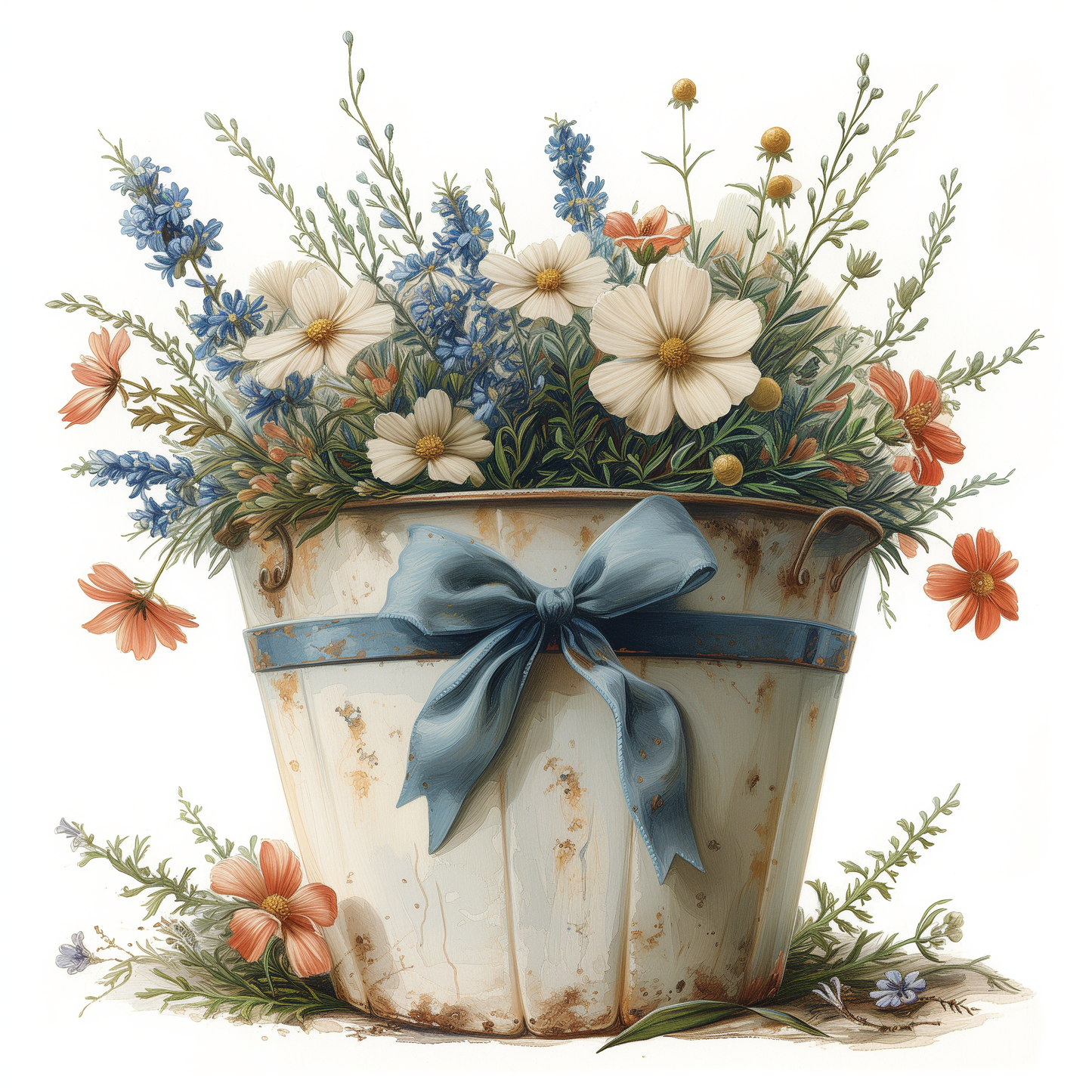 Blue Bow Bucket Of Flowers Diamond Art Kit
