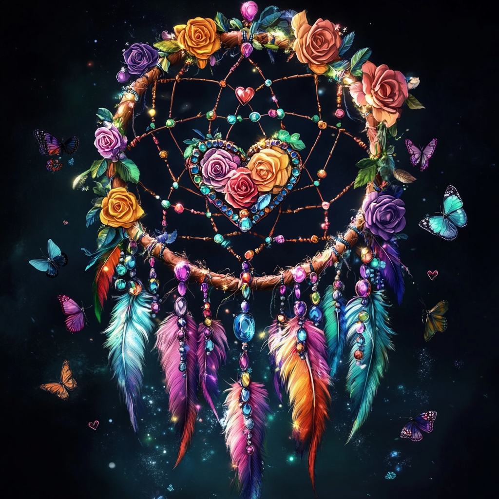 Colorful Feather And Roses Heart Dreamcatcher Diamond Art Kit
