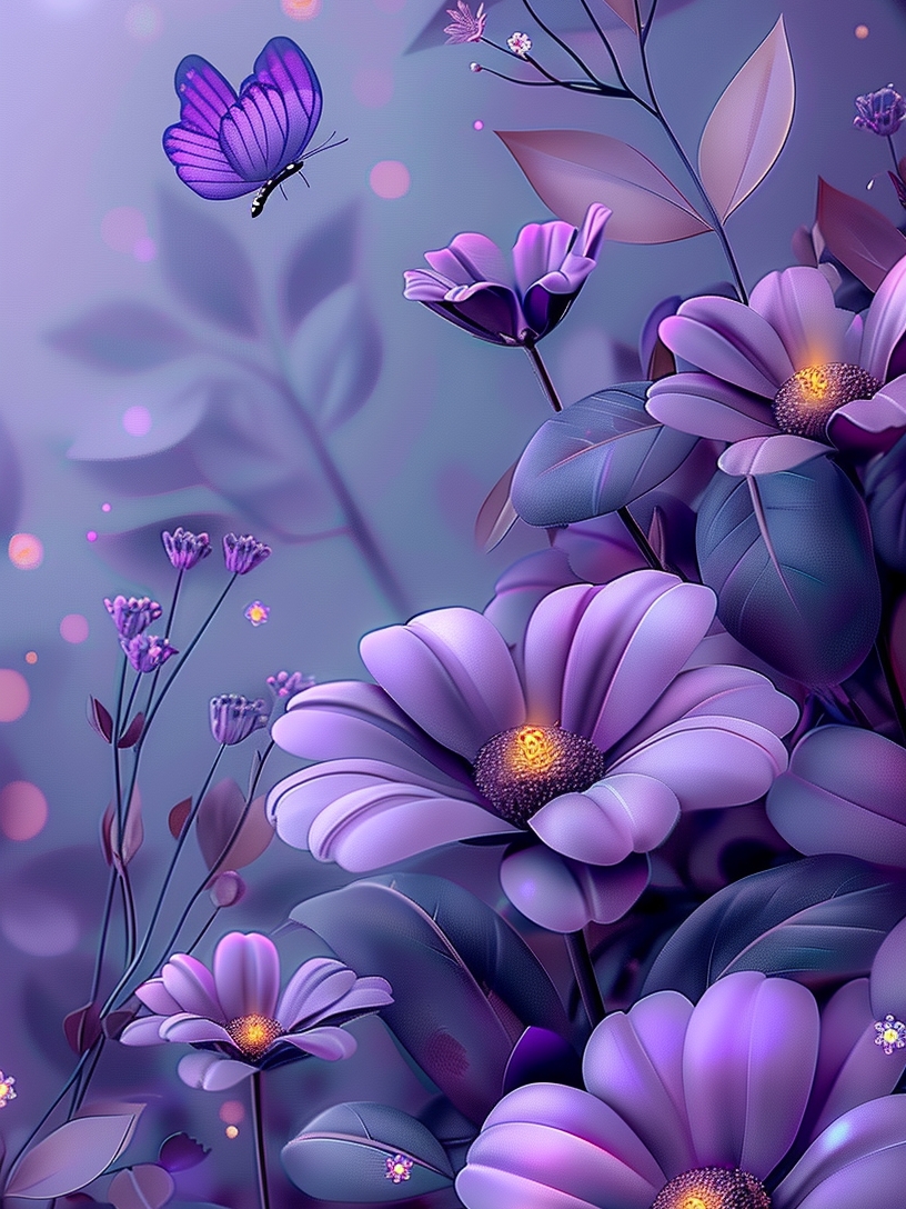 Purple Glowing Flowers Butterfly Diamond Art Kit