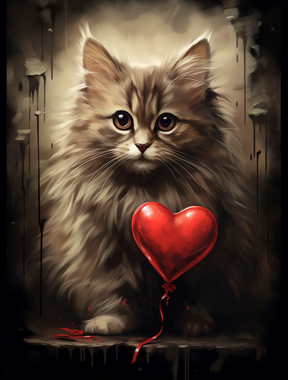 Fluffy Cat Red Heart Diamond Art Kit