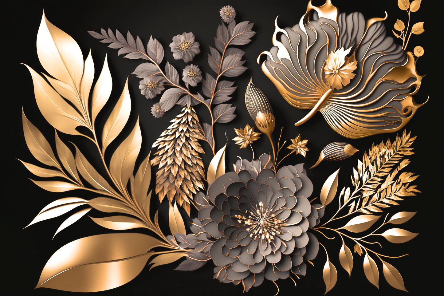 Flowers Gold Gray Diamond Art Kit