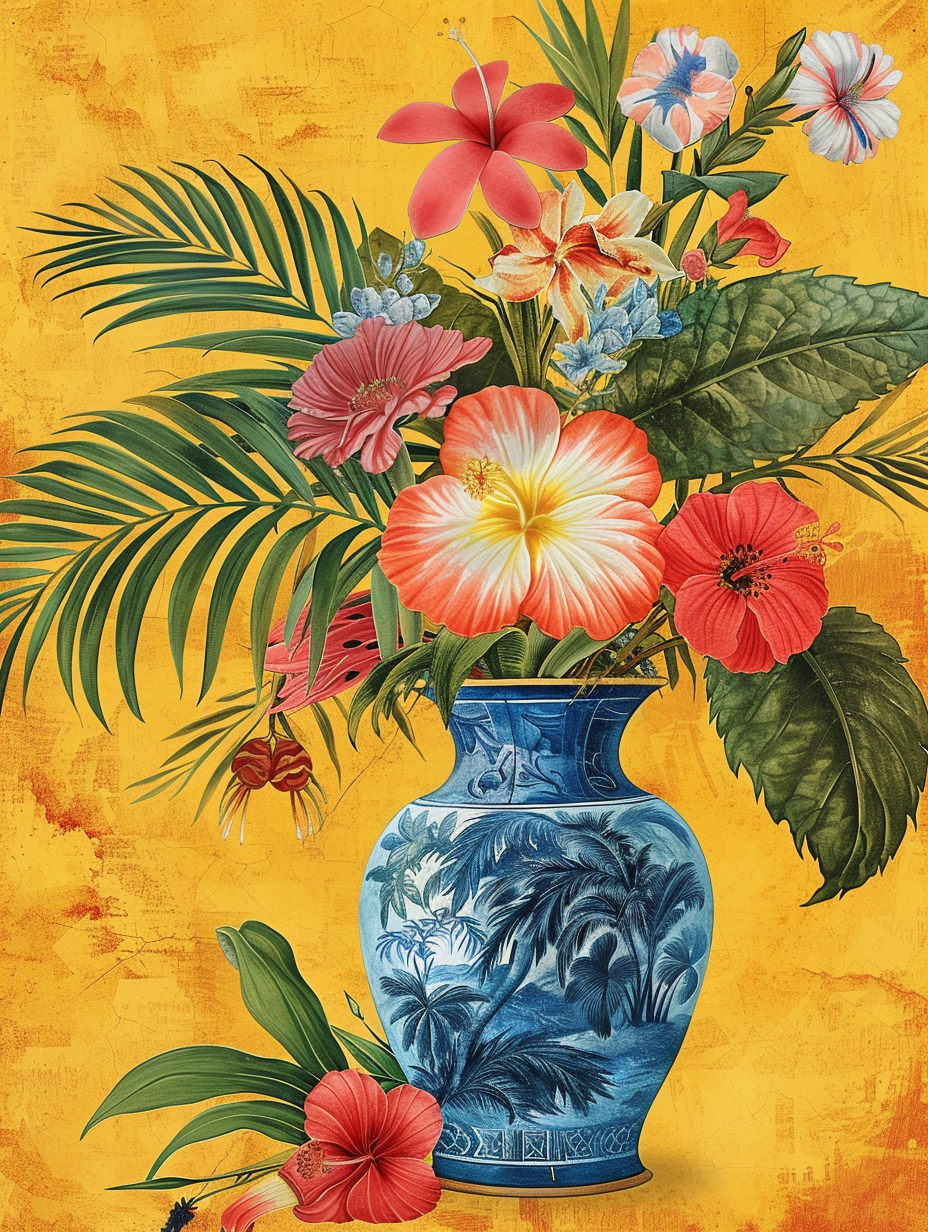 Blue Vase Of Tropical Flowers Diamond Art Kit