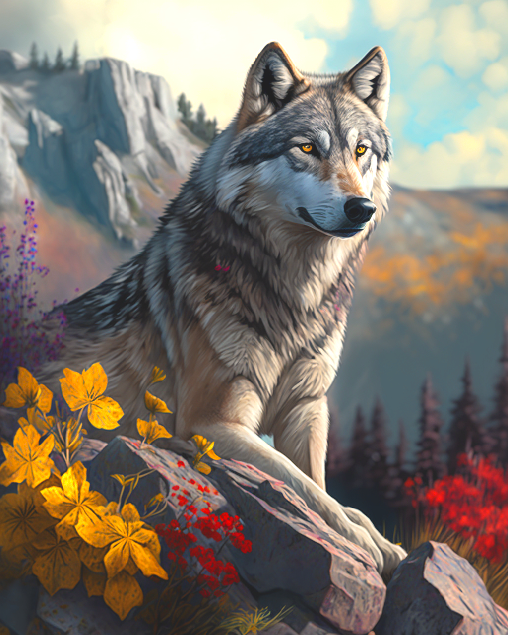 Yellow Flower Wolf Diamond Art Kit