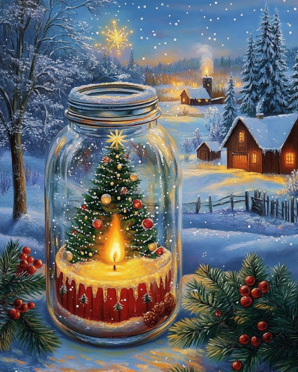 Christmas Cabin And Candles Jar Diamond Art Kit