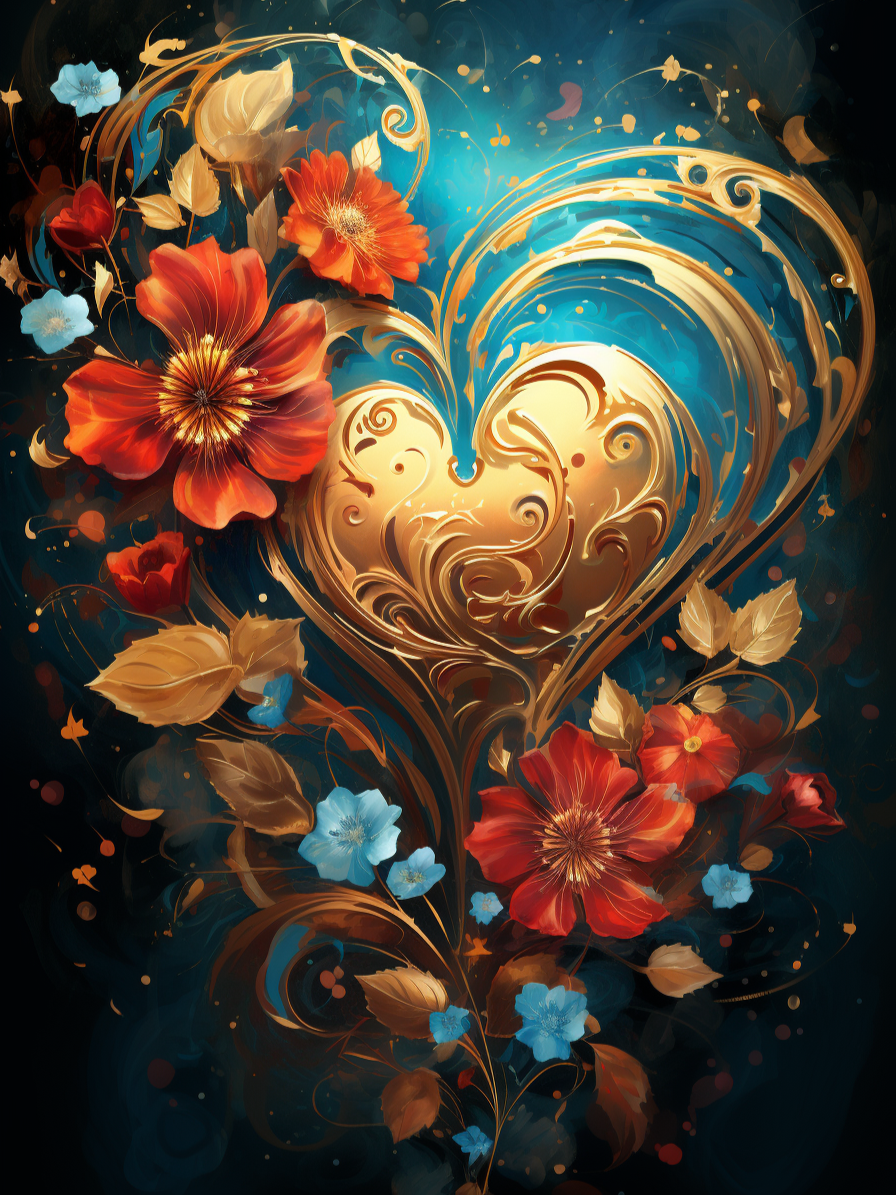 Gold Heart And Flowers Diamond Art Kit