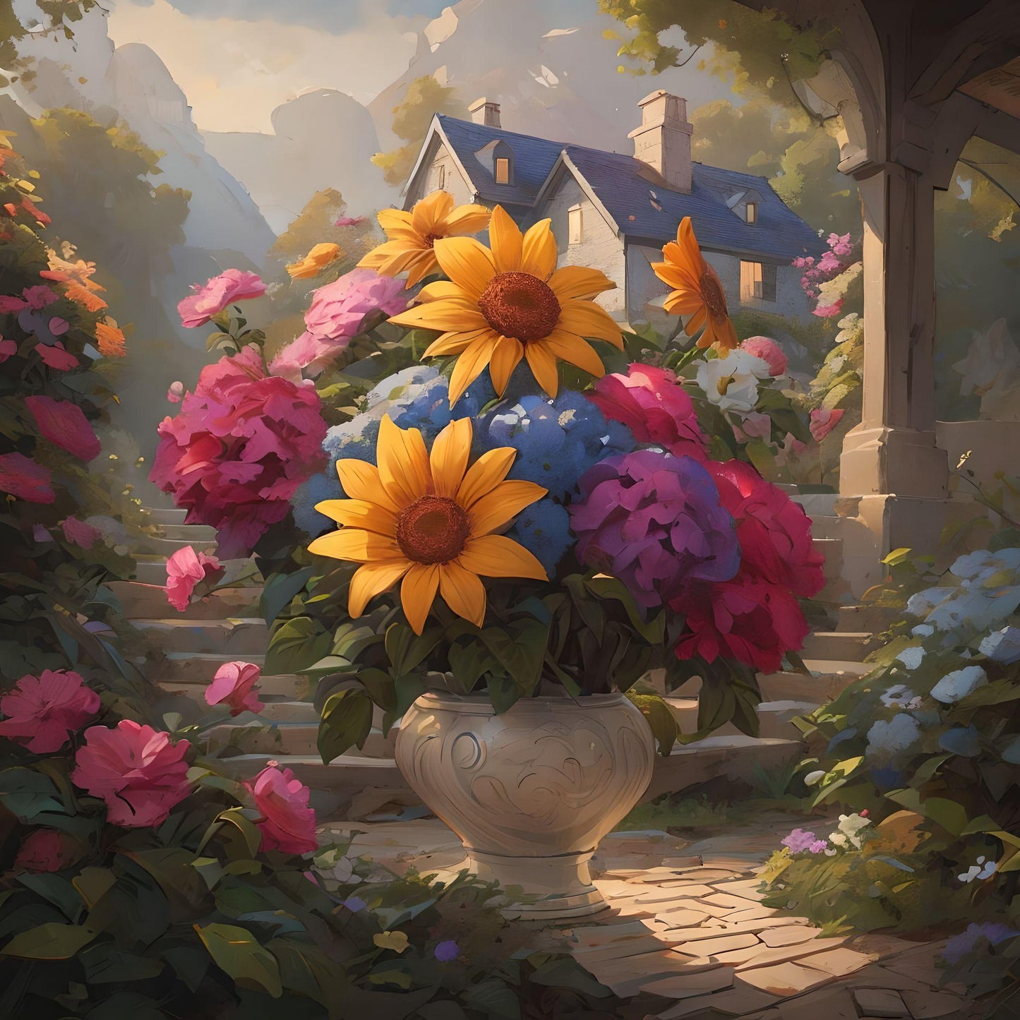 White Vase Garden Scene Diamond Art Kit