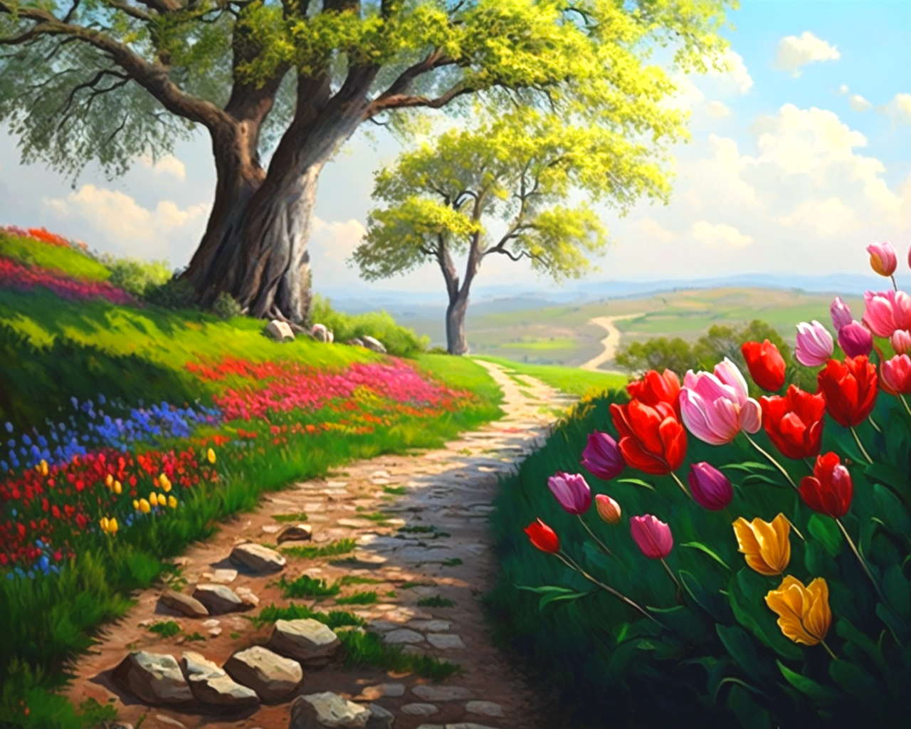 Tulips By The Path Diamond Art Kit