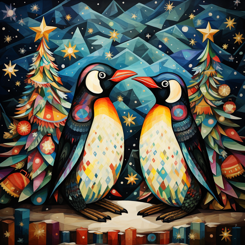 Two Abstract Penguins And Christmas Trees Diamond Art Kit