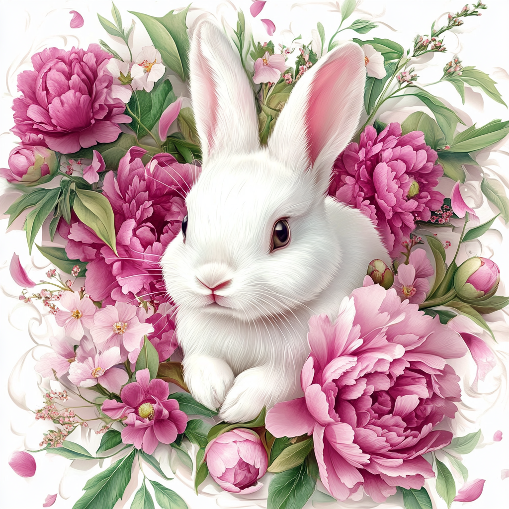 Dark Pink Flowers White Rabbit Diamond Art Kit