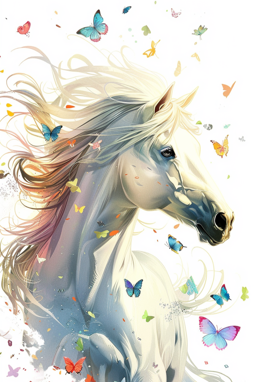 Whitehorse And Colorful Butterflies Diamond Art Kit