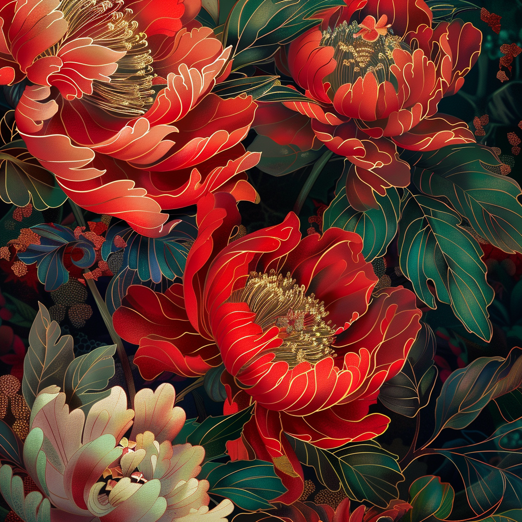 Gold Lined Red Petal Flowers Diamond Art Kit
