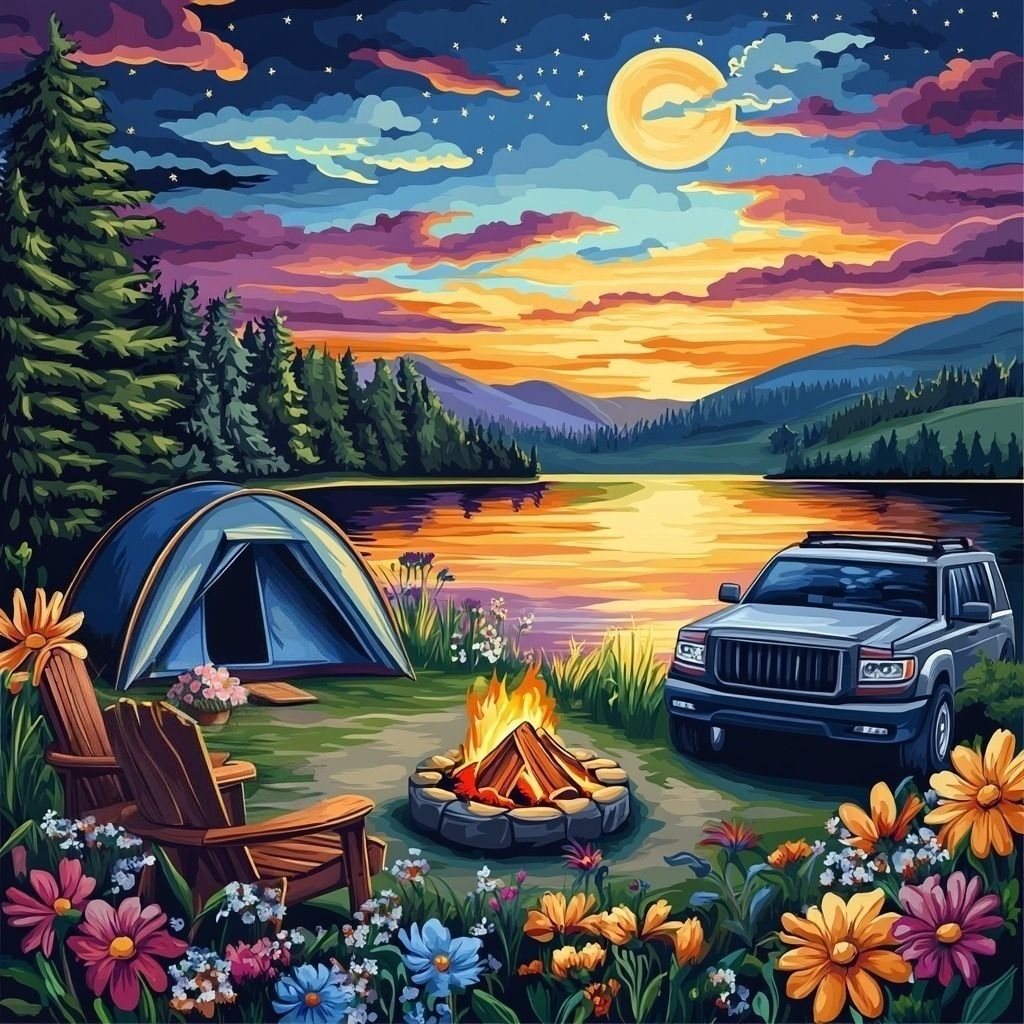 Bright Flower Moonlight Camping Diamond Art Kit