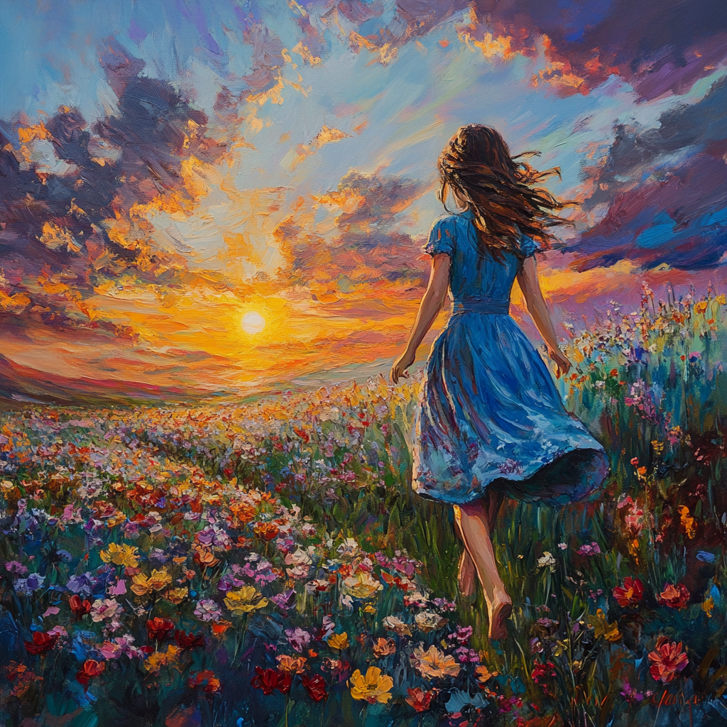 Blue Dress Little Girl Flowers Diamond Art Kit