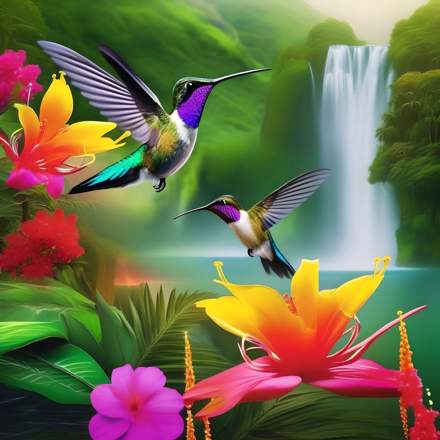 Two Hummingbirds Waterfall Diamond Art Kit