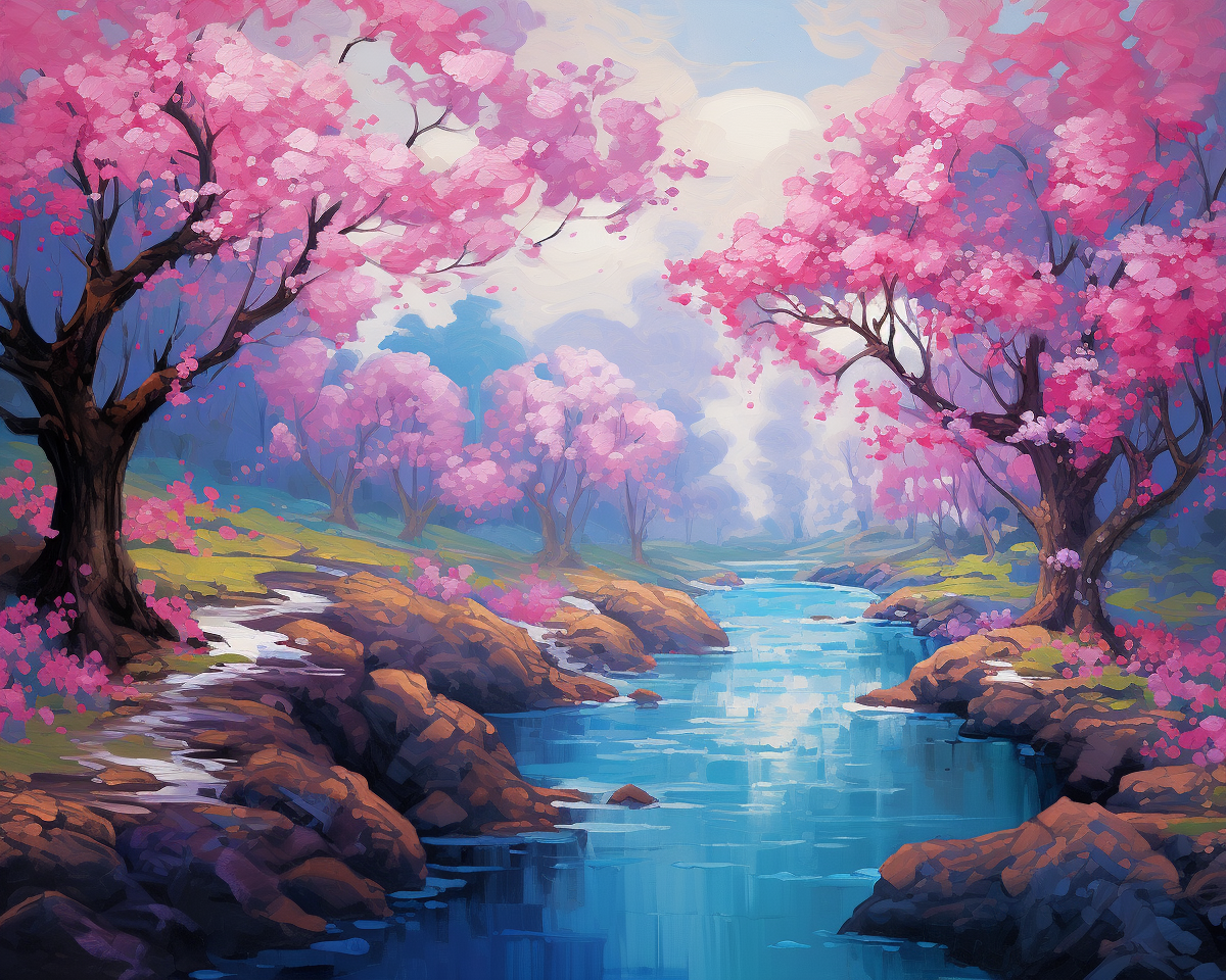 Blue Brook Pink Flower Trees Diamond Art Kit