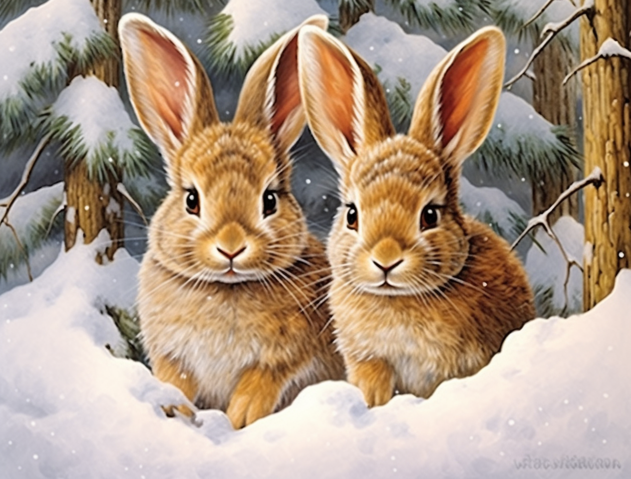 Two Small Brown Rabbits In The Snow Diamond Art Kit