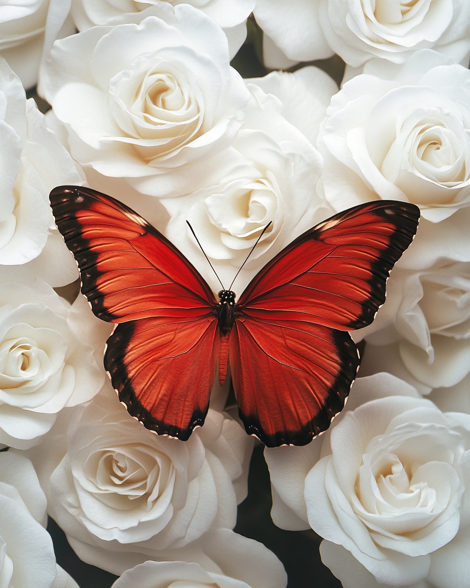 White Roses And Red Butterfly Diamond Art Kit