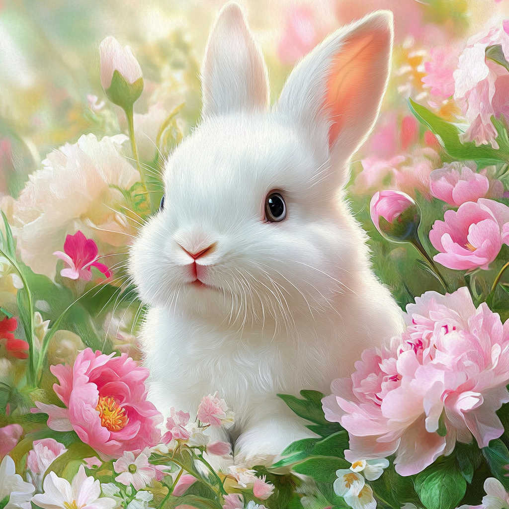 Baby White Bunny Pink Flowers Diamond Art Kit
