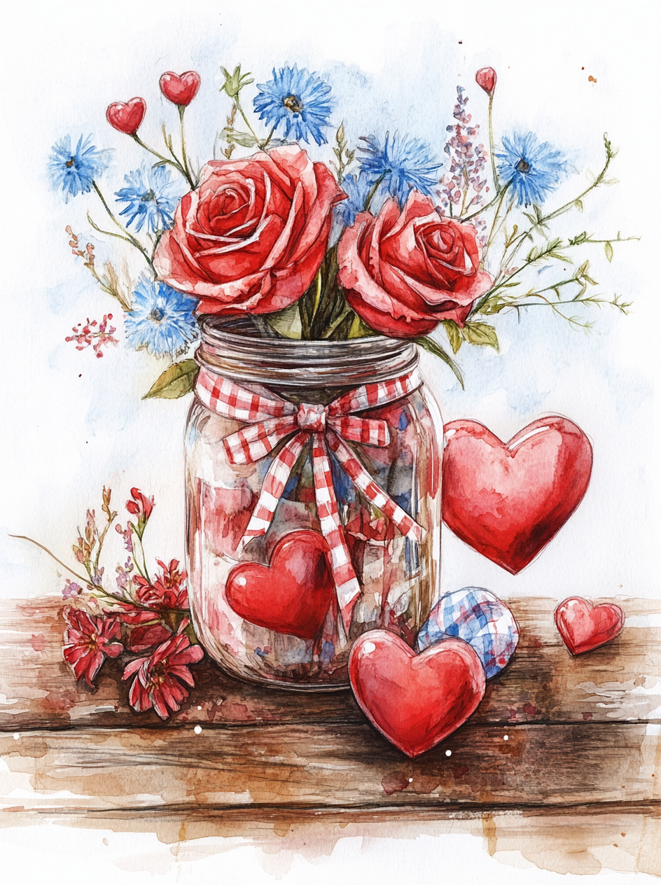 Red Roses Hearts Jar Diamond Art Kit