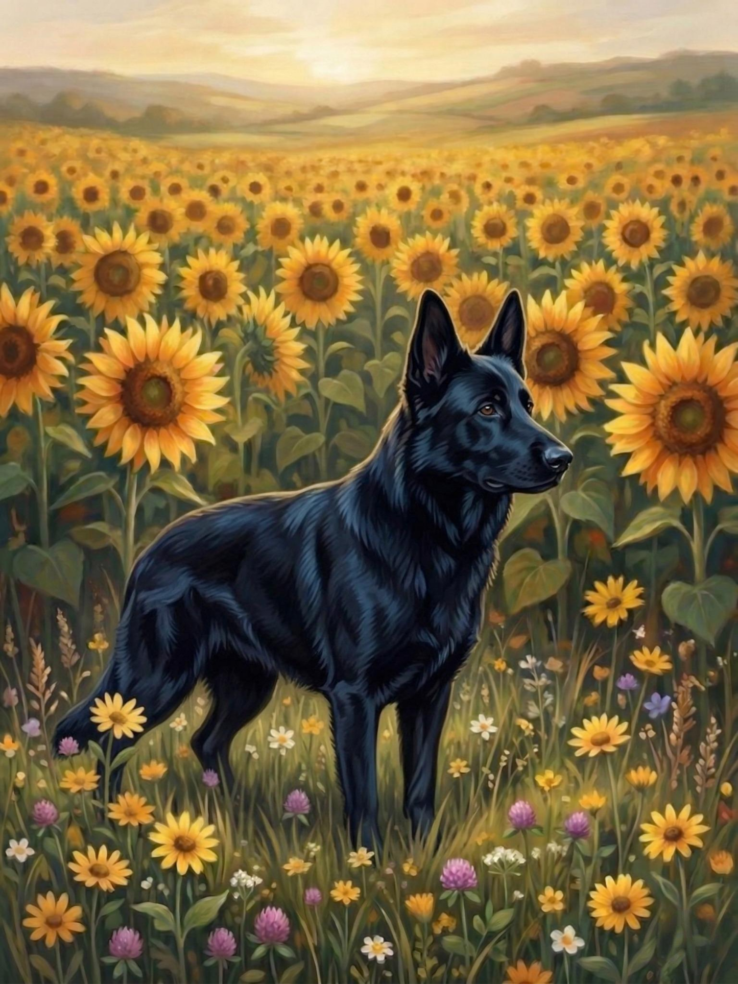 Sunflower Field Black German Shepherd Diamond Art Kit