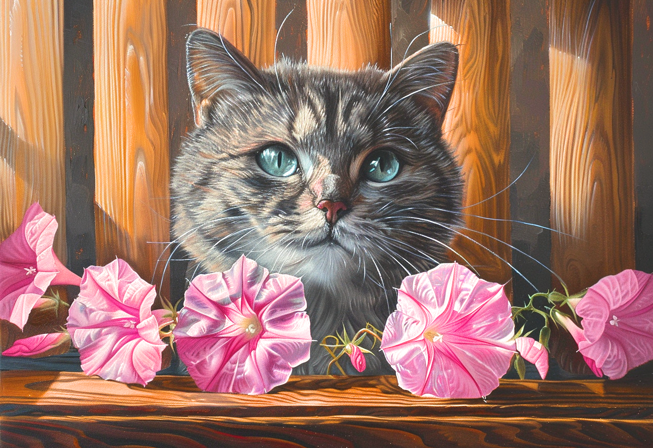 Cat Behind Pink Flowers Diamond Art Kit