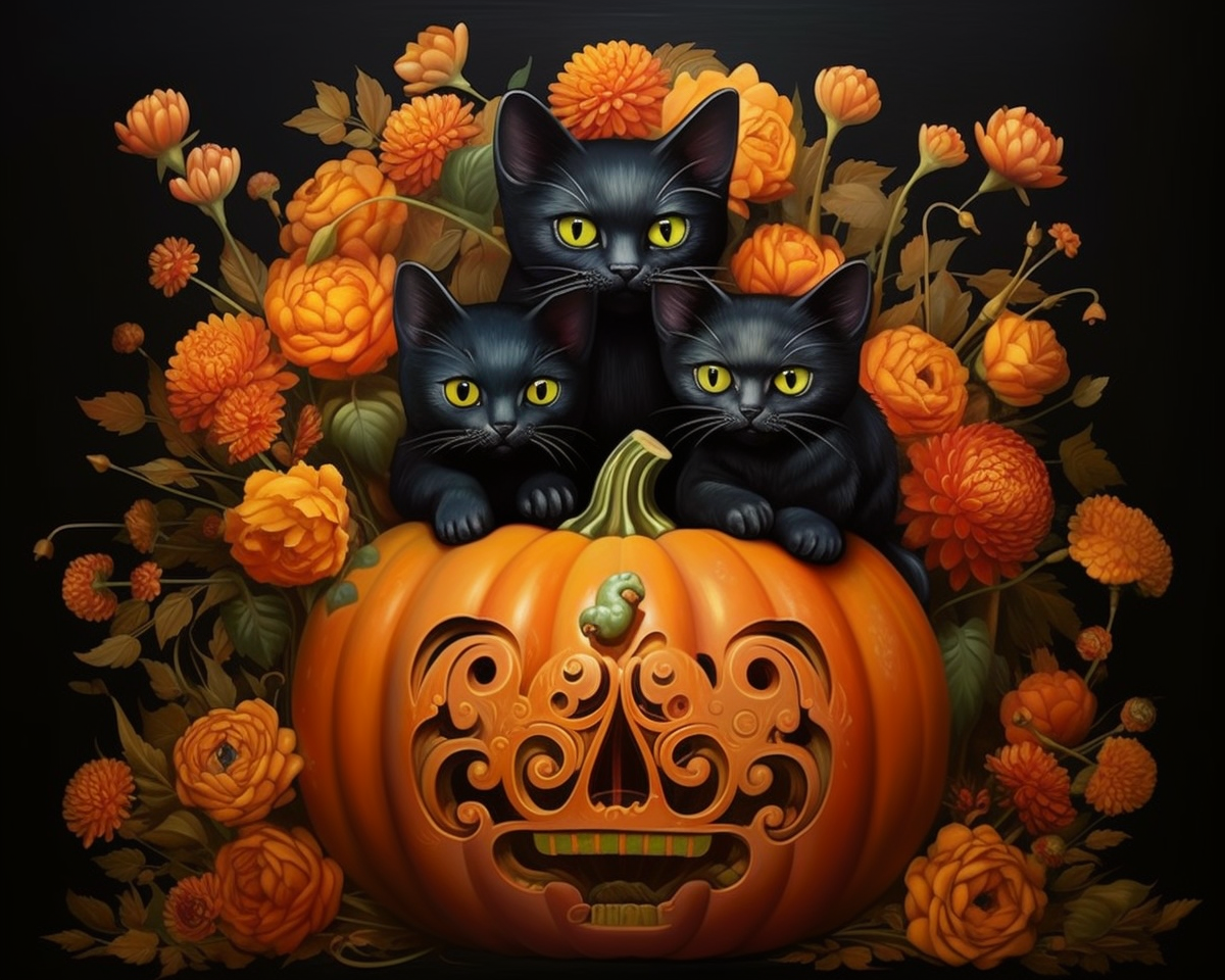 Abstract Pumpkin Three Black Kittens Diamond Art Kit