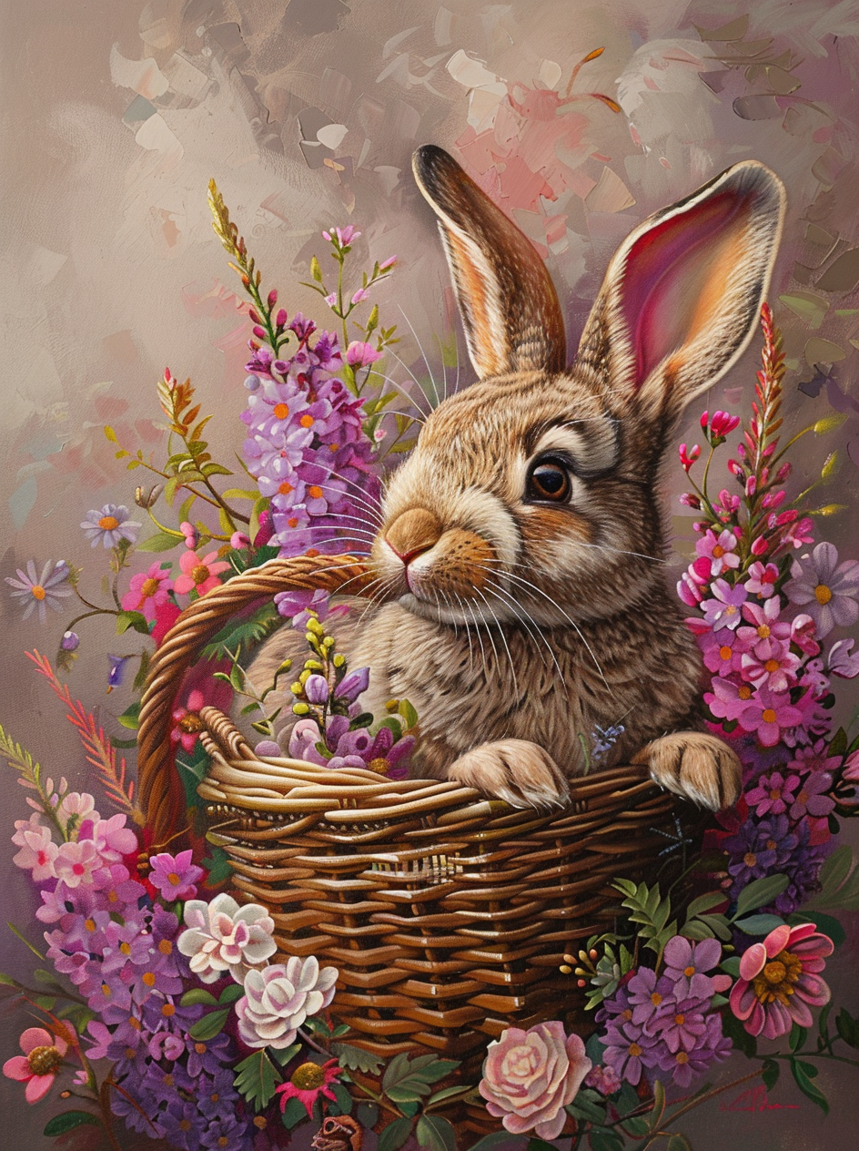 Flower Basket Brown Rabbit Diamond Art Kit