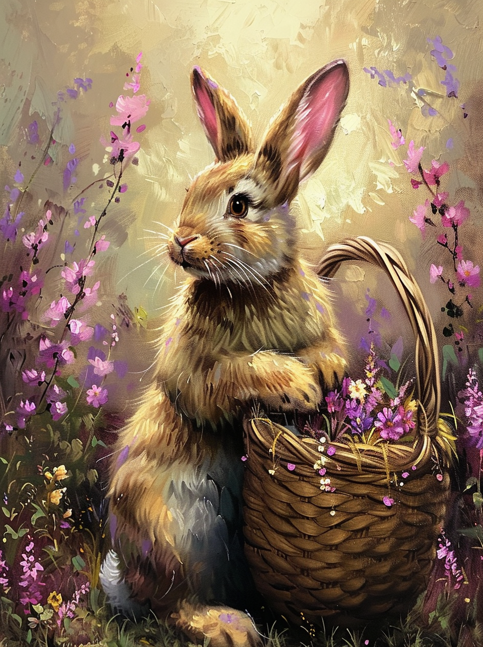 Purple Flower Brown Rabbit Diamond Art Kit