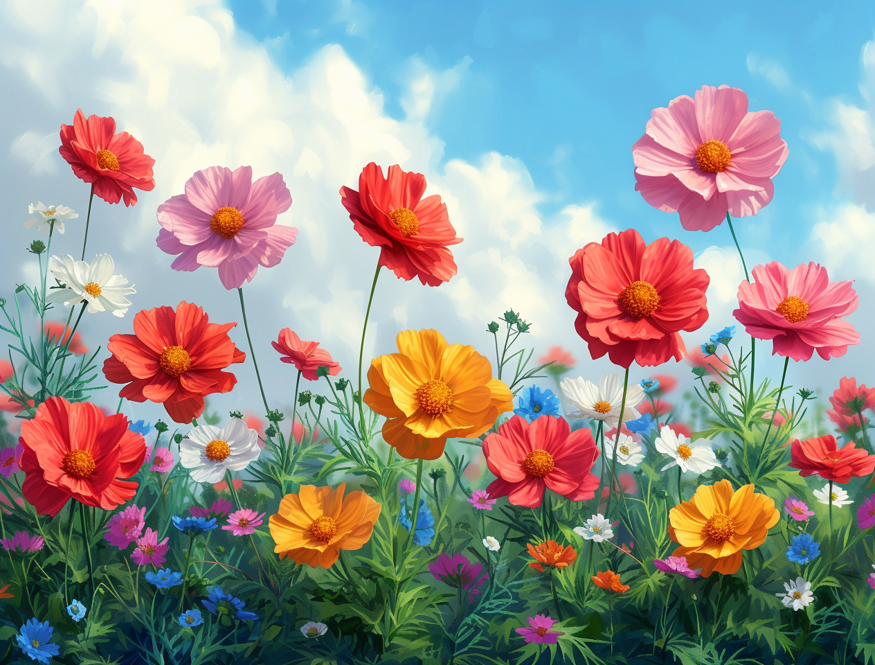 Blue Clouded Sky Colorful Flowers Diamond Art Kit