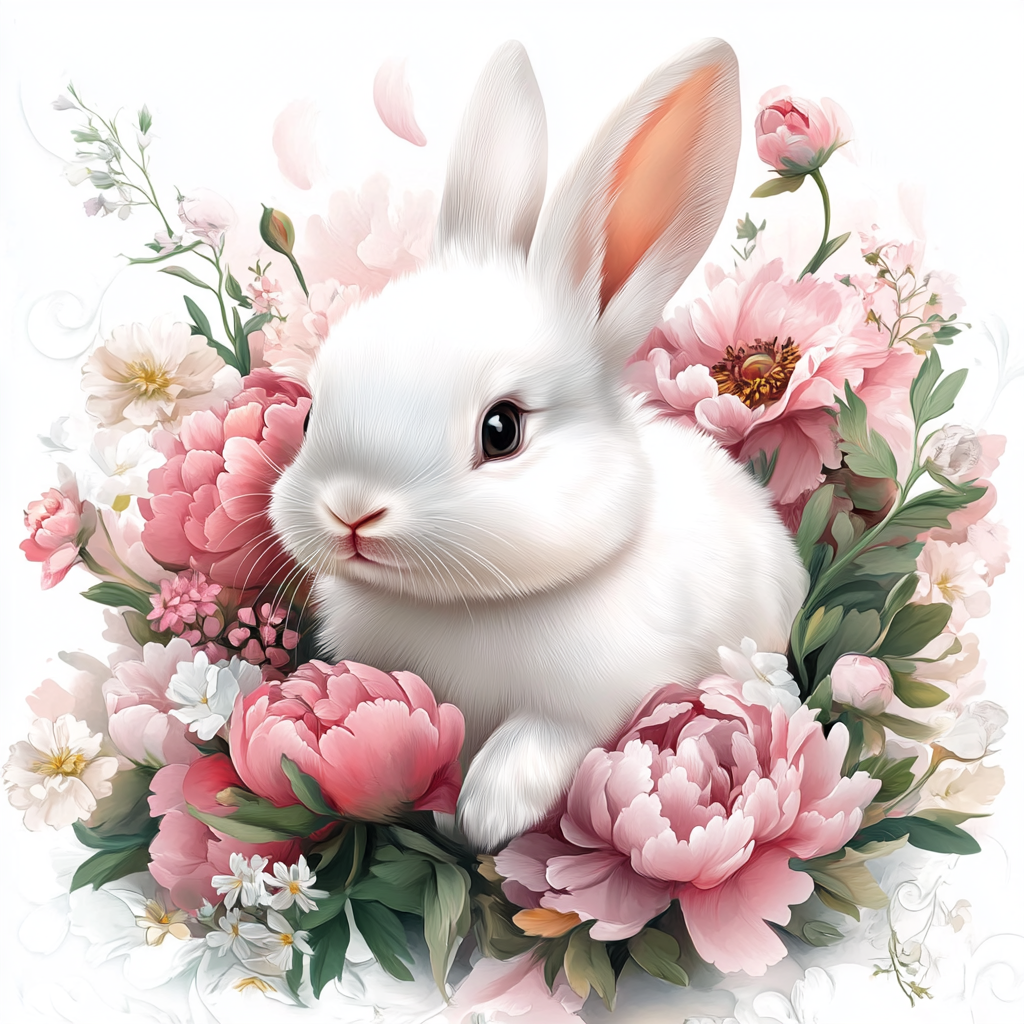 Pink Flowers And White Baby Rabbit Diamond Art Kit
